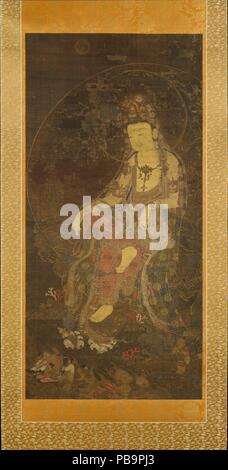 Wasser - Mond Avalokiteshvara. Artist: Unbekannter Künstler. Kultur: Korea. Abmessungen: Bild: 45 1/16 x 21 7/8 in. (114,5 x 55,6 cm) Insgesamt mit den Knöpfen: 79 3/8 x 30 1/8 in. (201.6 x 76.5 cm) Insgesamt mit Montage: 79 3/8 x 28 in. (201,6 x 71,1 cm). Datum: Erste Hälfte des 14. Jahrhunderts. Das Wasser - Mond Avalokiteshvara (Koreanisch: Suwol gwaneum) ist eine ikonographische Typ, der in Korea beliebt war während der Goryeo-zeit. Sie wurde für ihre Fähigkeit, Katastrophen und Krankheiten zu verhindern und Reisende auf dem Weg zu wahren verehrt. Dieses Gemälde zeigt die Prachtvoll schillernd gekleidet Bodhisattva in drei Stockfoto