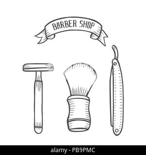 Vintage Style Rasur Zubehör Set Razor und Pinsel Hand zeichnen Skizze. Doodle Zeichnung für Barbershop Vector Illustration Stock Vektor