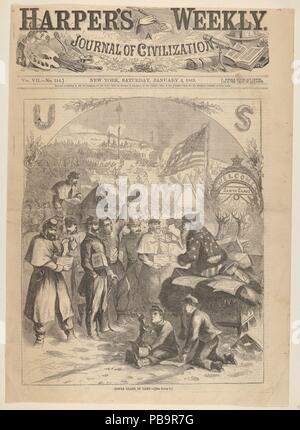 Santa Claus in Lager (von Harper's Weekly). Artist: Thomas Nast (Amerikanische (Deutschland) geboren, Landau 1840-1902 Guayaquil). Maße: Blatt: 14 3/4 x 10 9/16 in. (37,4 × 26,8 cm). Herausgeber: Harper's Weekly (American, 1857-1916). Datum: Januar 3, 1863. Nasts Bild wurde im Jahr 1862 Weihnachten Ausgabe von Harper's Weekly veröffentlicht, während der Tage gefüllt mit beiden Studien für die Union und für steigende Hoffnung. Der Weihnachtsmann hat mit dem Pferdeschlitten in einer Union Army Camp angekommen Geschenke zu verteilen. Es war der Moment, in dem Nast konzipiert und eingeführt, unser modernes Bild von Santa Claus. Die Kombination von europäischen Traditionen von St. Nichol Stockfoto