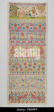 Sampler. Kultur: Britische. Abmessungen: H. 27 7/8x W. 10 3/8 Zoll (70,8 x 26,4 cm); gerahmt: H. 30 3/4 x 12 1/4; W. D.1 1/4 (78,1 x 31,1; 3,2 cm). Schöpfer: Anna Buckett. Datum: 1656. Band Sampler umfassen ordentlich Reihen von Mustern geeignet für wiederkehrende Motive oder figürlichen Motiven auf der langen schmalen Streifen von Leinwand gearbeitet. Dies ist die häufigste Art der erhaltenen siebzehnten Jahrhundert Sampler, und seinen Standard Format wurde um etwa 1630 gegründet. Die Stiftung wurde in der Regel von einer vollständigen Breite der Ebene geschnitten - Weben Leinen, so dass die Erhaltung vorhanden sind, was die wird oben und unten Stockfoto