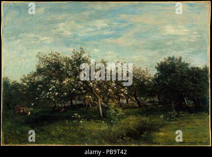 Apple Blüten. Artist: Charles-Fran çois Daubigny (Französisch, Paris 1817-1878 Paris). Abmessungen: 23 1/8 x 33 3/8 in. (58,7 x 84,8 cm). Datum: 1873. Kritiker Théophile Gautier gepriesen Daubigny von Landschaften als "Stück Natur ausgeschnitten und in goldenen Rahmen gesetzt." Die Künstlerin malte blühende Streuobstwiesen über 1857, Reprising das Motiv fast jeden Frühling. Seine unprätentiöse, mit schnellen, Übersicht Pinselstrichen gerendert, bald erwarb die Bewunderung der jüngeren Kollegen wie Monet. Durch die Zeit dieser Leinwand 1873, Daubigny, hatte wiederum assimiliert Ihre indizierten Palette, evide Stockfoto