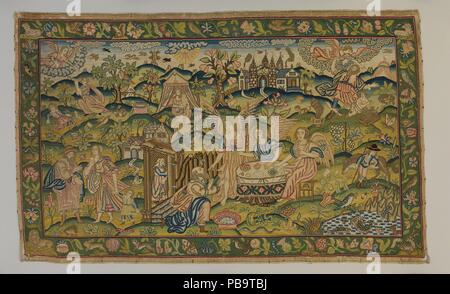 Szenen aus der Geschichte von Abraham. Kultur: Britische. Abmessungen: H 23 x W 37 1/4 Zoll (58,4 x 94,6 cm). Datum: Mitte des 17. Jahrhunderts. Dieses Panel wurde wahrscheinlich als Polsterbezüge bestimmt. Es zeigt Szenen aus dem Leben des biblischen Patriarchen Abraham, wie im Buch Genesis erzählt. Die zentrale Szene zeigt Abraham durch eine Menge Engel, dass seine Frau Sarah wird ihm ein Sohn trägt, trotz ihres fortgeschrittenen Alters informiert zu werden. Andere Szenen gehören Abraham Bannung seiner Magd Hagar und ihrem Sohn von Abraham, Ismael (untere linke Ecke), und Abrahams versucht, Opfer von Sarahs Sohn Isaak, den Akt Stockfoto