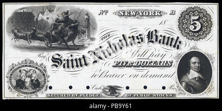 . Englisch: Fünf Dollar Anmerkung von der Saint Nicholas Bank, New York (Mitte 1800). ca. 1850 1097 New York, NY-Saint Nicholas Bank 5 $ (3516-15709) Stockfoto