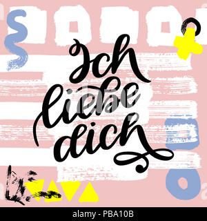 Ich liebe dich. Erklärung der Liebe in deutscher Sprache. Romantische handschriftliche Phrase über die Liebe. Handgezeichneten Schriftzug zum Valentines Tag Design, Hochzeit Postkarte Stockfoto