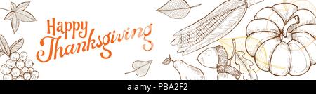 Happy Thanksgiving Day Grußkartenvorlage. Danksagung Poster mit gebratener Truthahn, Pumpkin Pie und aconrs Skizzen. Horizontale Banner mit Text. Stock Vektor