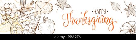Happy Thanksgiving Day Grußkartenvorlage. Danksagung Poster mit gebratener Truthahn, Pumpkin Pie und aconrs Skizzen. Horizontale Banner mit Text. Stock Vektor