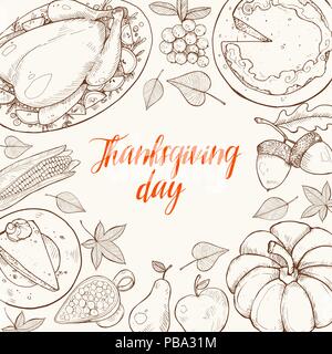 Happy Thanksgiving Day Grußkartenvorlage. Danksagung Poster mit gebratener Truthahn, Pumpkin Pie und aconrs Skizzen. Horizontale Komposition mit t Stock Vektor