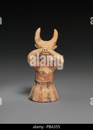 Terracotta Abbildung trägt eine schwarze Maske. Kultur: Zypriotische. Abmessungen: H.5 1/8 in. (13,0 cm). Datum: Ca. 750-600 v. Chr.. Das Abfackeln zylindrische Körper ist Rad- und hohl. Den oberen Teil des Körpers und der Kopf sind handgefertigt. Museum: Metropolitan Museum of Art, New York, USA. Stockfoto