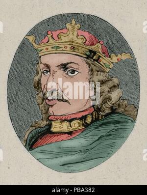 Enrique IV (Valladolid, 1425 - Madrid, 1474). Rey de Castilla (1454-1474). Hijo del Rey Juan II. Grabado del año 1852. Coloreado. Stockfoto