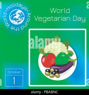 Weltvegetariertag. Essen event Konzept. Blumenkohl, Paprika, Auberginen, Oliven. Kalender. Urlaub rund um die Welt. Ereignis des Tages. Gre Stock Vektor