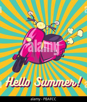 Hallo Sommer retro Banner. Alte Roller vintage Abbildung. Vektor Bild. Rosa im Alter von Moped. Strahlen, Kratzern und Wolken von Rauch. Pop Art Cartoon Stil Stock Vektor