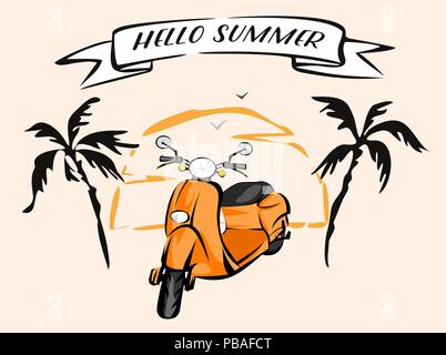 Hallo Sommer retro Banner. Alte Roller vintage Abbildung. Vektor Bild. Orange im Alter von Moped. Palmen, Sonnenuntergang, Möwen und Farbband. Pop Art cartoon St Stock Vektor