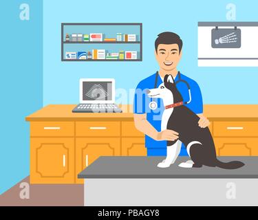Junger Mann Tierarzt Arzt hält Husky Hund auf Prüfung Tabelle in der Tierklinik. Vektor Cartoon Illustration. Haustiere healthcare Hintergrund. Inländische ein Stock Vektor