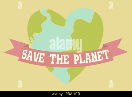 Speichern Sie die Planeten Plakat für Tag der Erde. Herz mit Schleife. Pastellfarben, retro style. Vector Illustration. Stock Vektor