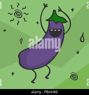 Niedlich kawaii cartoon Auberginen. Lächelnd und Tanzen pflanzliche Charakter. Gesunde Lebensmittel. Vector Illustration. Happy Aubergine Stock Vektor