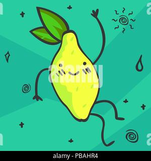 Niedlich kawaii cartoon Zitrone. Lächelnd und tanzen Obst Charakter. Gesunde Lebensmittel. Vector Illustration. Stock Vektor