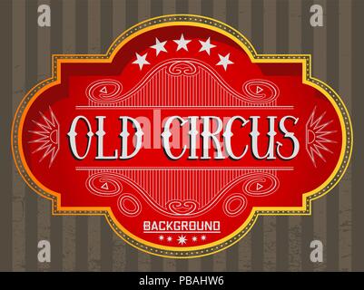 Alte circus Hintergrund. Gold vintage Frame auf dunkelgraue Streifen Hintergrund mit Kratzern und weißen antiken Elementen. Retro Design. Volumetrische ho Stock Vektor