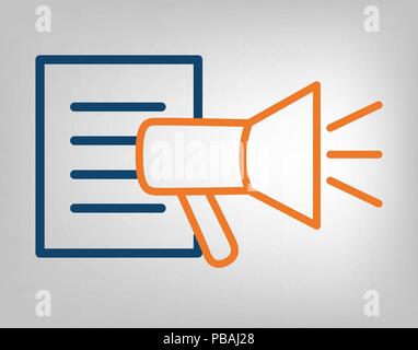 Veröffentlichung Symbol. Mit Informationen Liste Megaphon. Lakonisch blau und orange Linien auf grauem Hintergrund. Isolierte Objekt Vector Stock Vektor