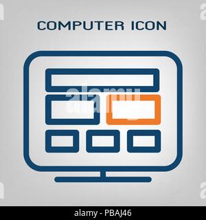 Flache Linie desktop computer Symbol. Lakonisch blau und orange Linien auf grauem Hintergrund. Isolierte Objekt Vector Stock Vektor