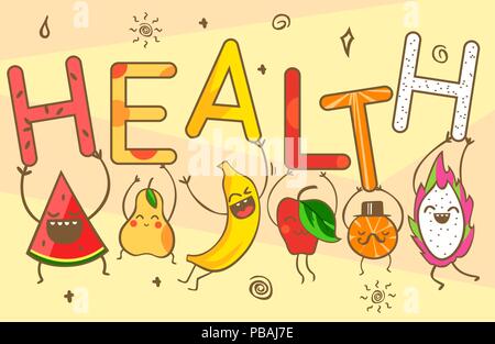 Niedlich kawaii cartoon Früchte tragen Gesundheit Schriftzug. Gesunde Lebensmittel: Wassermelone, Banane, Mandarine, Apfel, Ananas, Zitrone, Birne und Dragon Obst Stock Vektor