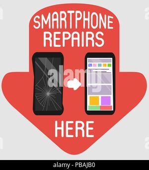 Smartphone Reparaturen flache Design anmelden. Vector Illustration der defekten und reparierten Handy mit indikative Hinweise für Werbebanner, Poster, Schilder Stock Vektor