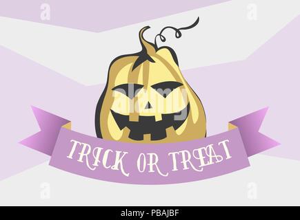 Trick oder Halloween Cartoon Stil Bild behandeln. Comic Kürbis mit Band. Vector Illustration für Banner, Poster, Plakat, Einladung, Karte, Packaging Design und Stock Vektor