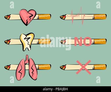 Einstellen des Rauchens Schaden schildern. Beschädigtes Herz, Zahn und Lunge. Zigarette und Puls Symbol. Retro Cartoon Stil. Vektorgrafiken. Stock Vektor