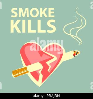 Rauchen tötet Poster. Rauchen schadet Konzept. Zigarette durchdringt. Retro Cartoon Stil. Weiße Konturen. Vector Illustration. Stock Vektor