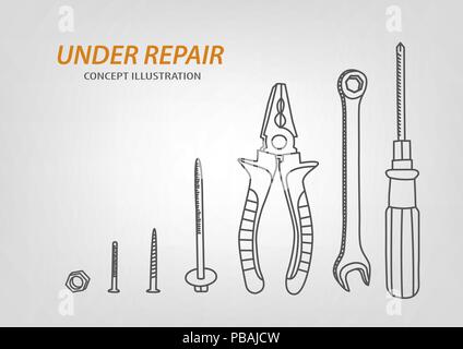 Unter Reparaturkonzept Komposition. Doodle Werkzeuge: Schraubendreher, Schlüssel, Zangen, Schrauben und Muttern. Vector Illustration Stock Vektor