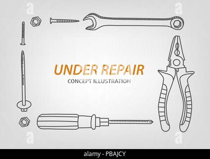 Unter Reparaturkonzept Komposition. Doodle Werkzeuge: Schraubendreher, Schlüssel, Zangen, Schrauben und Muttern. Vector Illustration Stock Vektor
