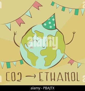 CO2 zu Ethanol, Happy Planet Erde feiert diese Entdeckung, retro Pastellfarben, doodle Stil, Vektor, Abbildung Stock Vektor