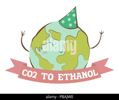 CO2 zu Ethanol, Happy Planet Erde feiert diese Entdeckung, Vektor, Abbildung Stock Vektor