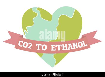 CO2 zu Ethanol, der Planet Erde in Form eines Herzens, flache Bauform, Vektor, Abbildung Stock Vektor