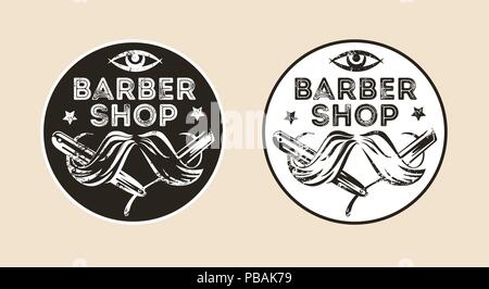 Alte Schule Friseur vektor Emblem, Badge, Schild, Aufkleber Layout. Zwei Farbvarianten Stock Vektor