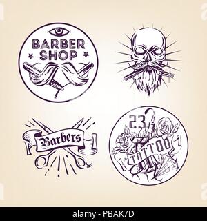 Retro Herrenfriseure und Tattoo salon Vektor Embleme, Abzeichen, Schilder, Aufkleber Layout. Old School Style Tinte Abbildungen Stock Vektor