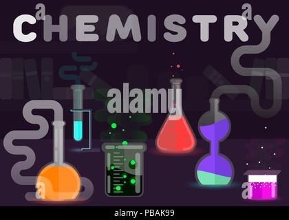 Chemie Flat Style Vector Illustration. chemischen Labor. Reaktionen der Forschung. Arbeitsbereich und wissenschaftliche Experimente Konzept. Stock Vektor