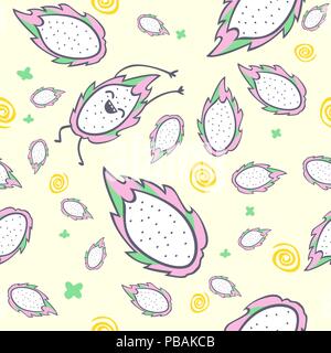 Drachenfrucht nahtlose Muster, Zeichentrickfigur, niedlich Kawaii pitaya, Vector Illustration Stock Vektor