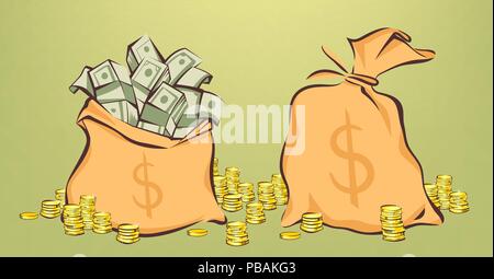 Geld beutel mit Büscheln von Dollar, Münzen stapeln Neben, geöffnet und geschlossen Beutel, Cartoon Stil, isolierte Vector Illustration Stock Vektor