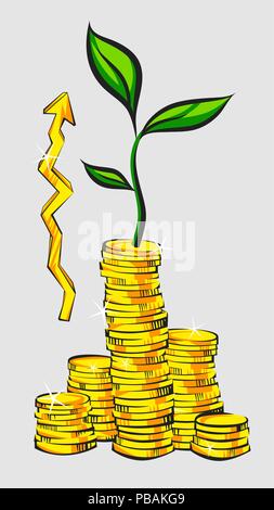 Einkommen steigern Konzept, goldenen Münzen Stapeln mit Money Tree und Zeiger, retro style Vector Illustration Stock Vektor