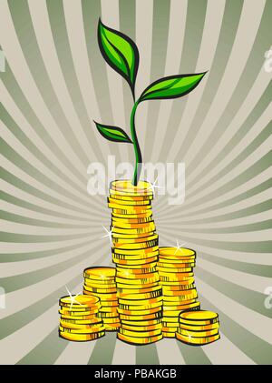 Goldene Münzen Stapeln mit Money Tree, Vector Illustration Stock Vektor