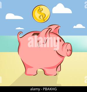 2019 Jahr Symbol piggy mit Dollar am Strand Vector Illustration Stock Vektor