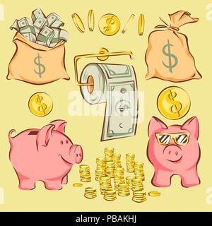 Vektor einrichten der Finanzen Artikel und Metaphern, die im Comic Cartoon Stil: Geld beutel, Sparschwein, Münzen, Dollar, WC-Papier Stock Vektor