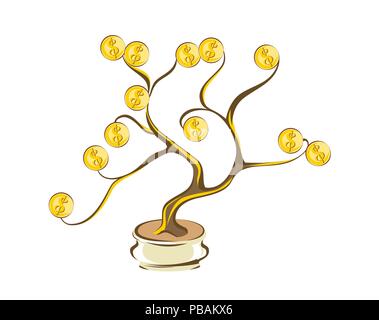 Geld Baum mit goldenen Münzen. Gold Dollar auf Holz Äste. Cartoon Stil, auf weissem Vektor-illustration isoliert Stock Vektor