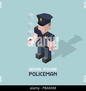 Polizist mit Kaffee. Würfel Zusammensetzung isometrische Vector Illustration des Polizeibeamten. Spindel mit Tasse Kaffee Stock Vektor