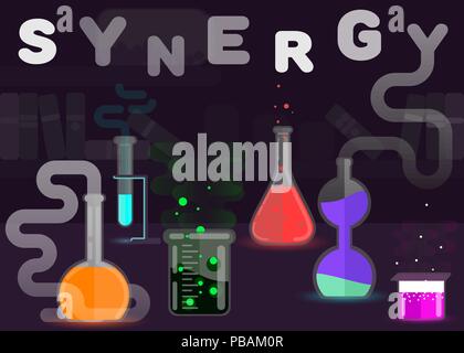 Synergie als chemische Reaktion Konzept Abbildung. Flat Style vektor design Stock Vektor