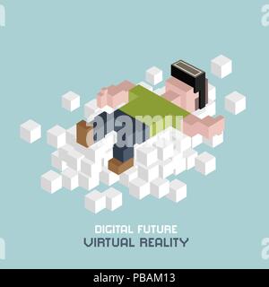 Virtual reality Entspannung auf Wolke, Mann im VR-Brille, Werbung Konzept. Würfel Zusammensetzung isometrische Vector Illustration Stock Vektor
