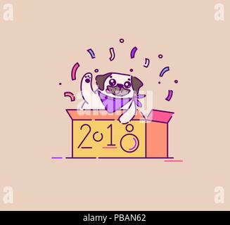 Mops Hund in eine Box feiert Neues 2018 Jahr flachbild Vector Illustration Stock Vektor