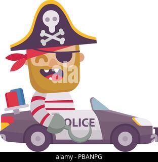 Piraten in einem Polizeiauto. Flaches Design Cartoon Stil. Vector Illustration Stock Vektor