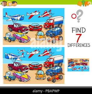 Cartoon Illustration des Findens Sieben Unterschiede zwischen Bilder Lernspiel für Kinder mit Transportmitteln Zeichen Stock Vektor