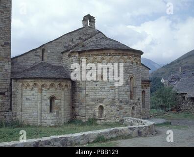 Exterieur - ABSIDES DE LA IGLESIA DE SAN CLEMENTE DE TAULL - SIGLO XIV-ROMANICO KATALANISCHEN CON INFLUENCIAS LOMBARDAS. Lage: Iglesia de San Clemente, TAHULL/TAULL, MALLORCA, SPANIEN. Stockfoto